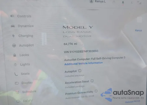 2021 Tesla Model Y Long Range Dual Motor All-Wheel Drive z USA, uszkodzony, nr VIN 5YJYGDEE1MF303693